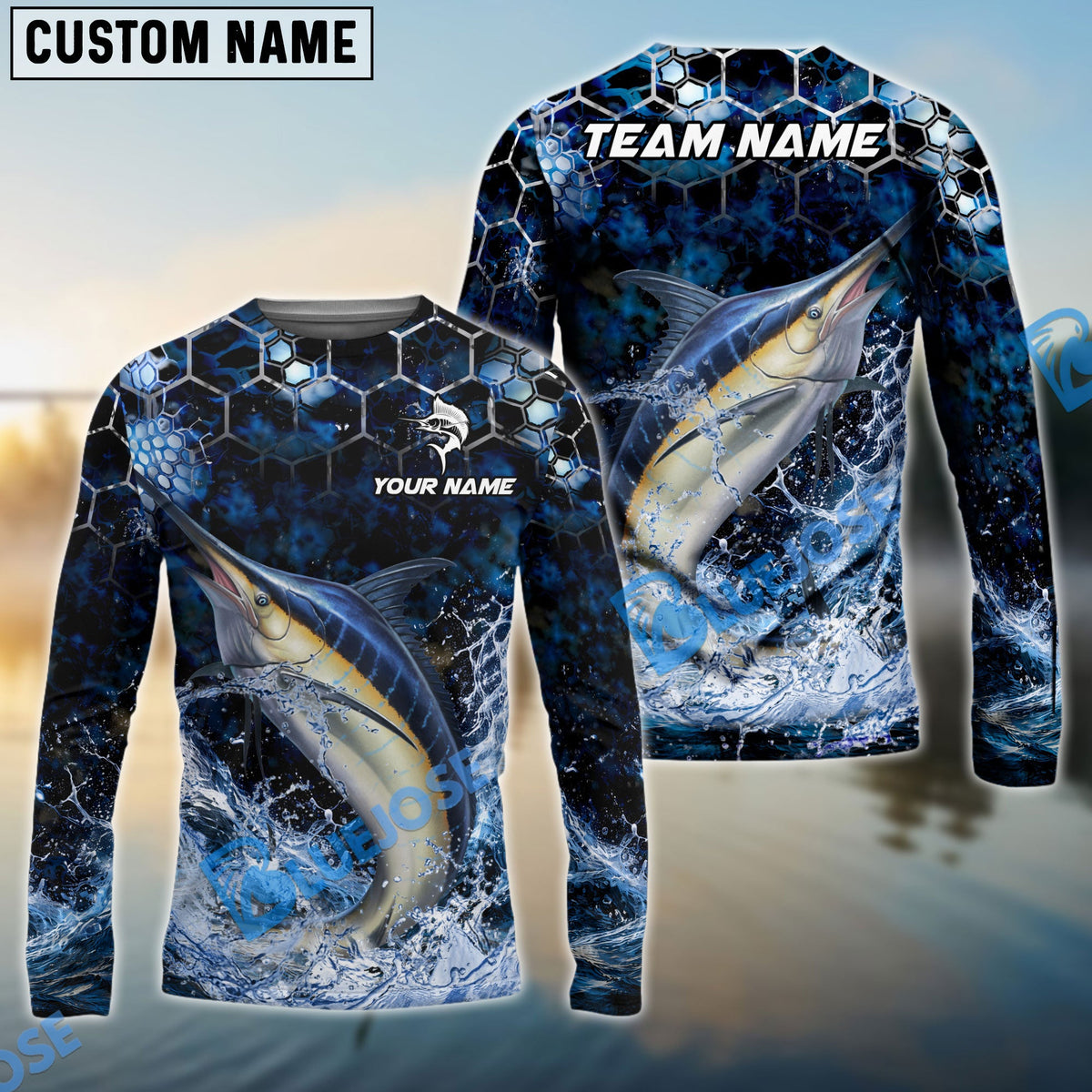 Bluejose Fishing Dark Navy Hexagon Water Splash Pattern Custom Name & Team Name 3D Shirts (12 Breeds)