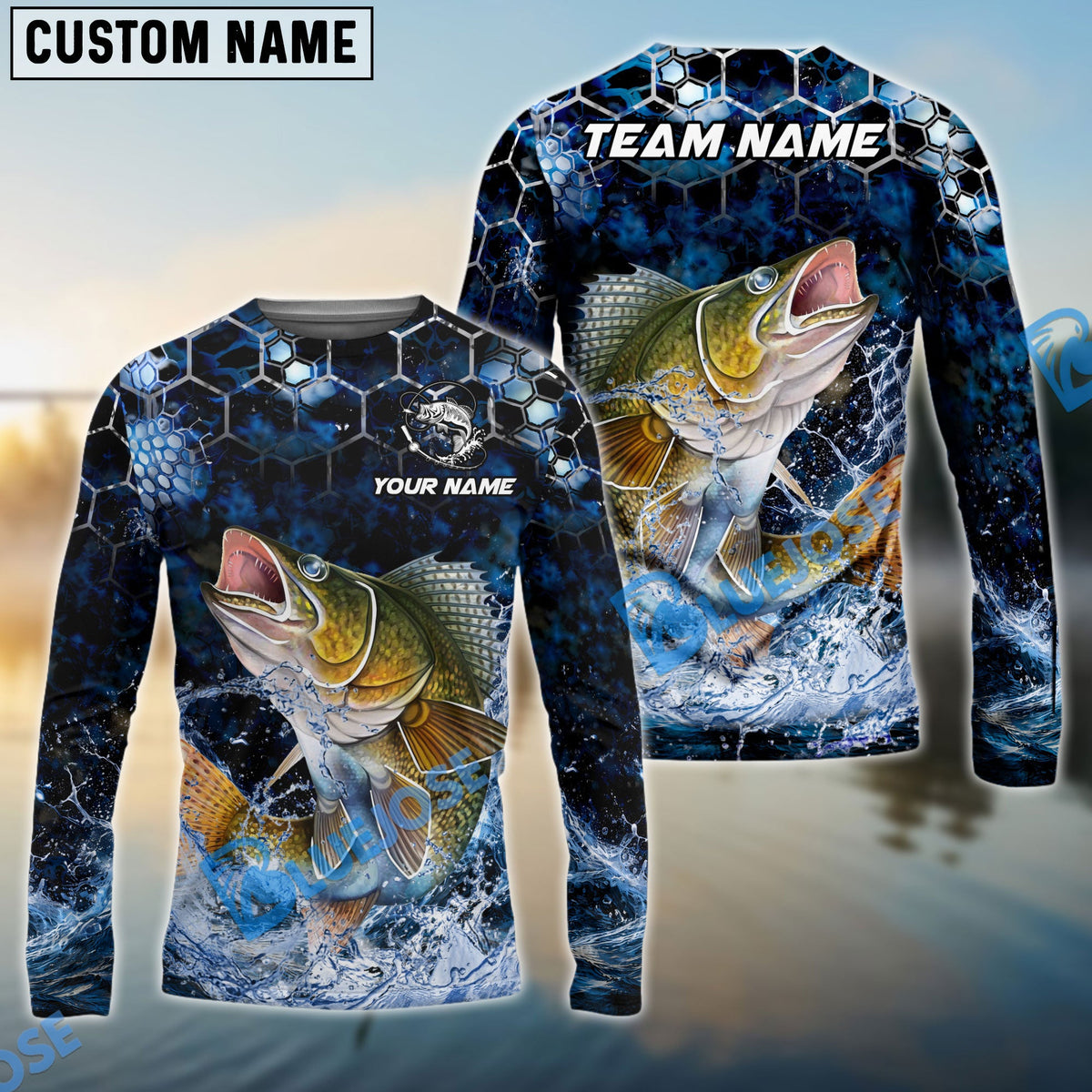 Bluejose Fishing Dark Navy Hexagon Water Splash Pattern Custom Name &amp; Team Name 3D Shirts (12 Breeds)