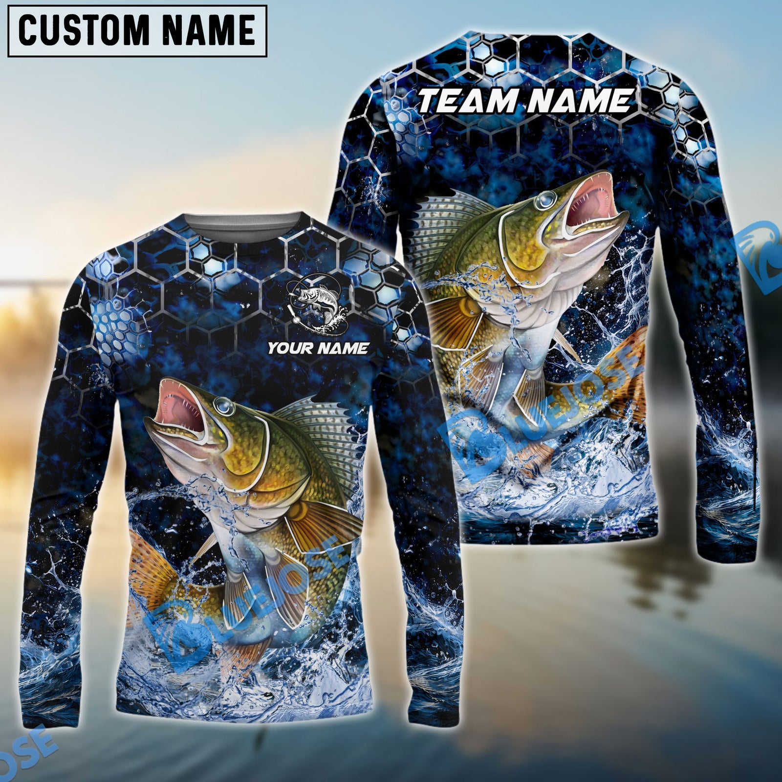 Bluejose Fishing Dark Navy Hexagon Water Splash Pattern Custom Name & Team Name 3D Shirts (12 Breeds)
