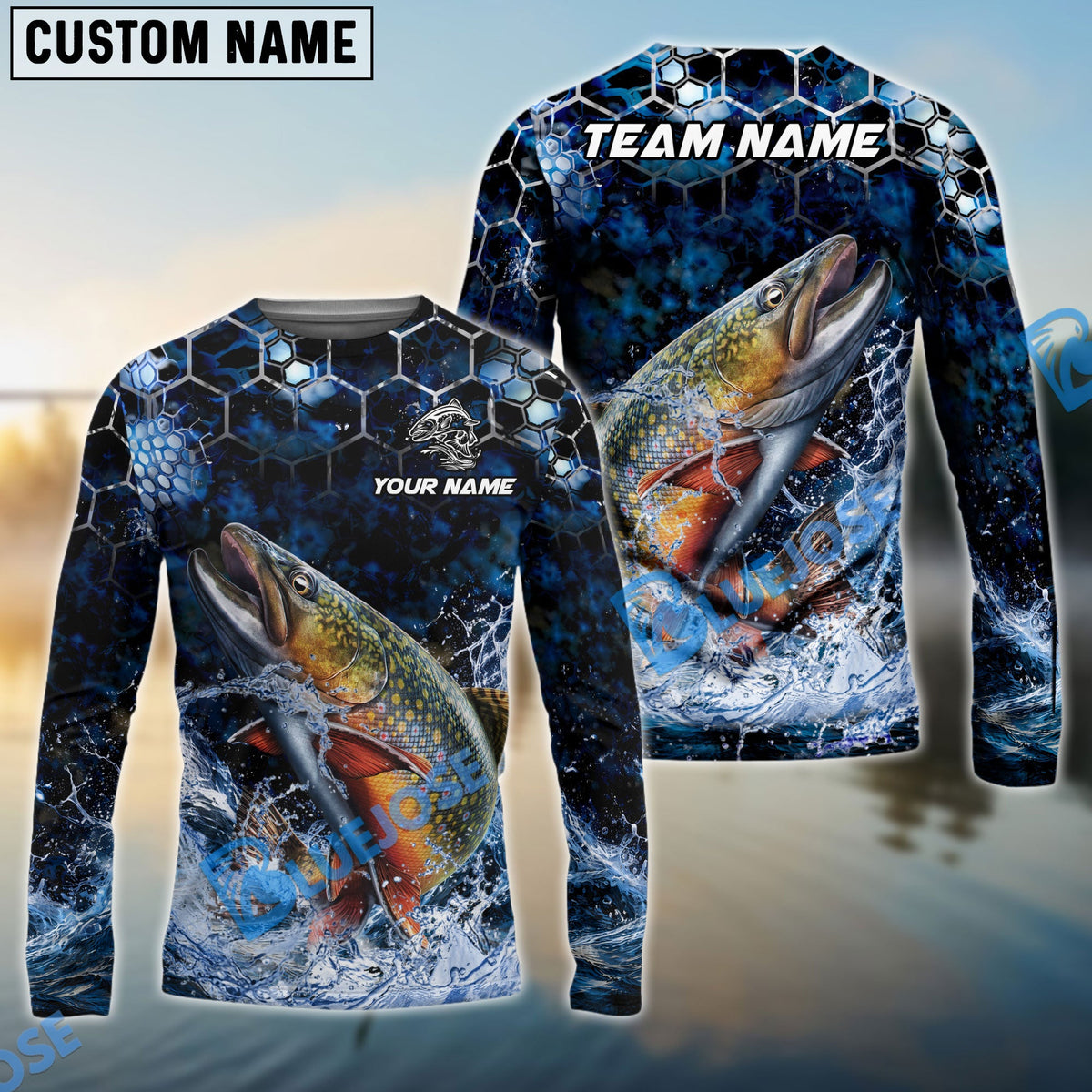 Bluejose Fishing Dark Navy Hexagon Water Splash Pattern Custom Name & Team Name 3D Shirts (12 Breeds)