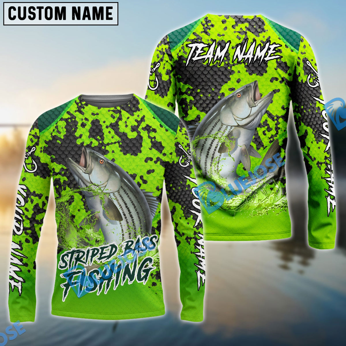 Bluejose Fishing Light Green Camo Scale Custom Name &amp; Team Name 3D Shirts (12 Breeds)