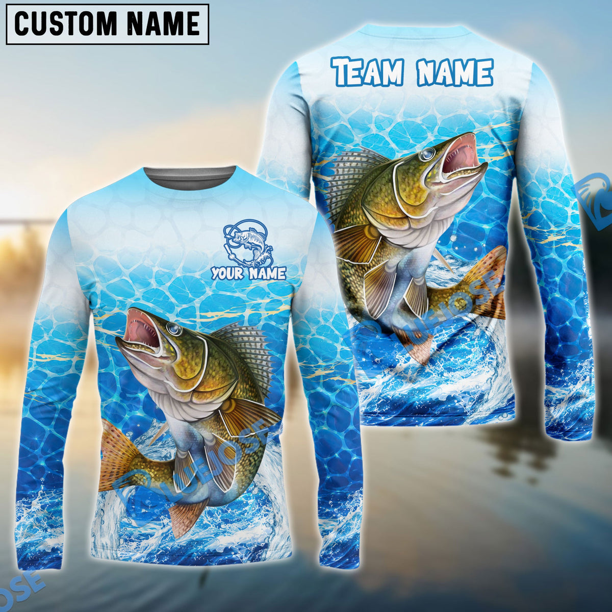 Bluejose Fishing White Blue Ocean Splash Custom Name & Team Name 3D Shirts (12 Breeds)