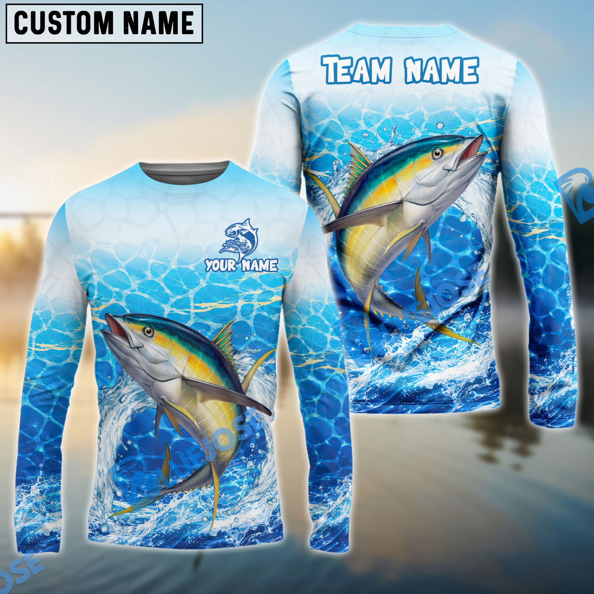 Bluejose Fishing White Blue Ocean Splash Custom Name &amp; Team Name 3D Shirts (12 Breeds)