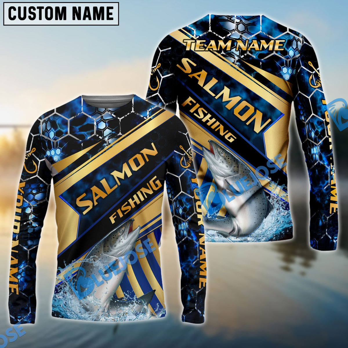 Bluejose Fishing Navy Hexagon Gold Stripe Custom Name & Team Name 3D Shirts (12 Breeds)