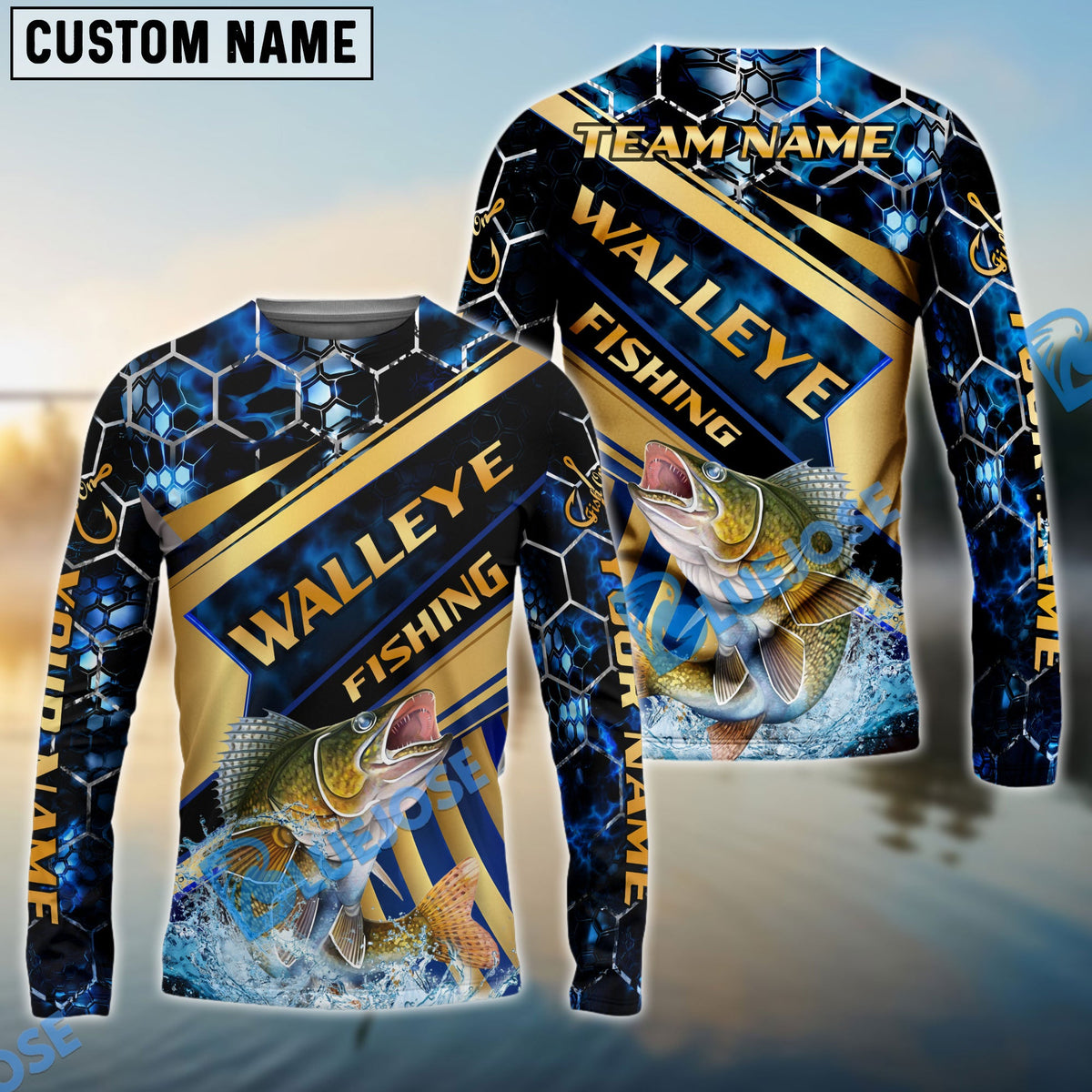 Bluejose Fishing Navy Hexagon Gold Stripe Custom Name &amp; Team Name 3D Shirts (12 Breeds)
