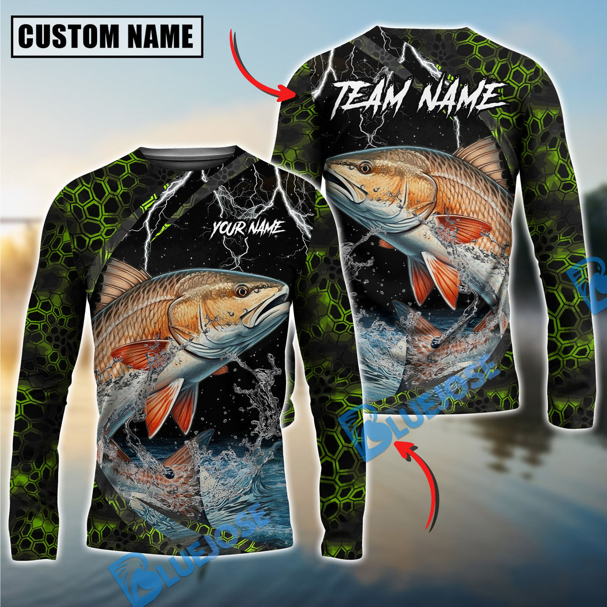 Bluejose Fishing Green Thunder Strike Custom Name &amp; Team Name 3D Shirts (12 Breeds)