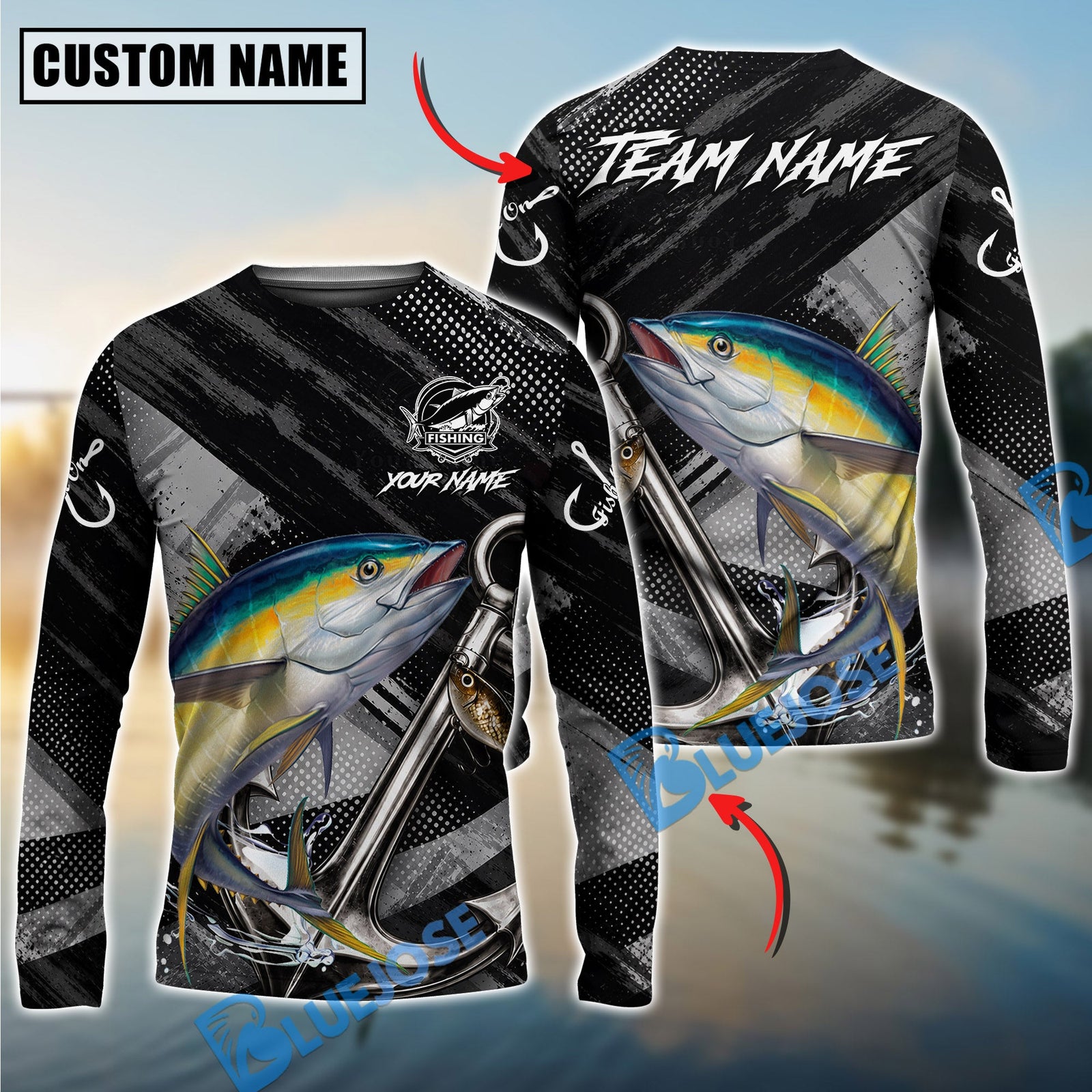 Bluejose Fishing Black Gray Grunge Anchor Vintage Custom Name & Team Name 3D Shirts (12 Breeds)