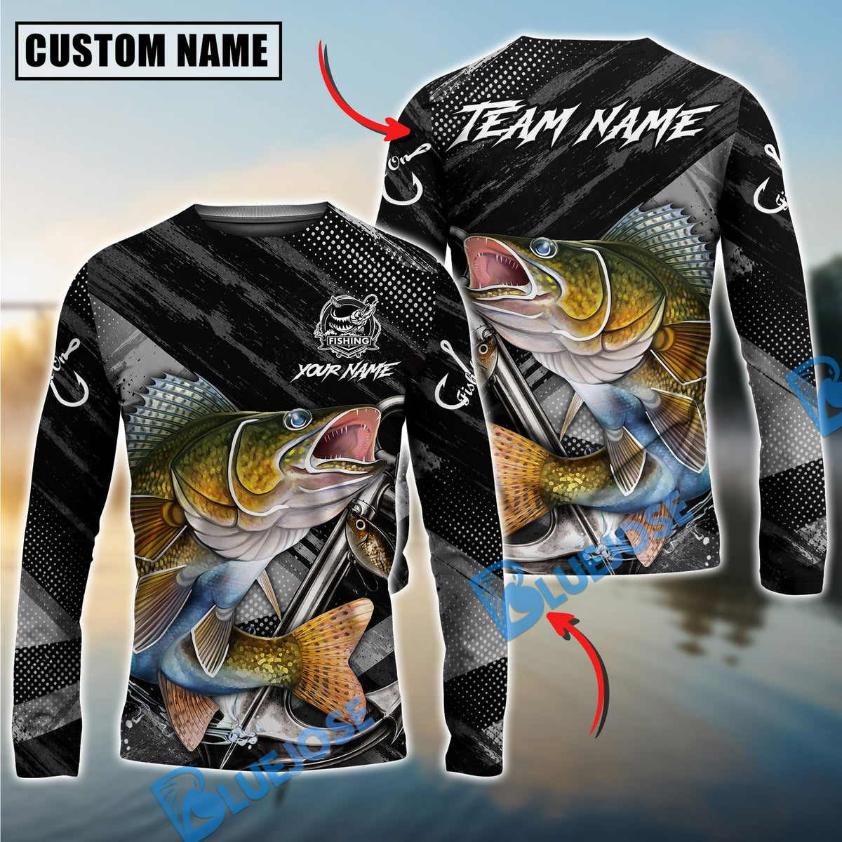 Bluejose Fishing Black Gray Grunge Anchor Vintage Custom Name &amp; Team Name 3D Shirts (12 Breeds)