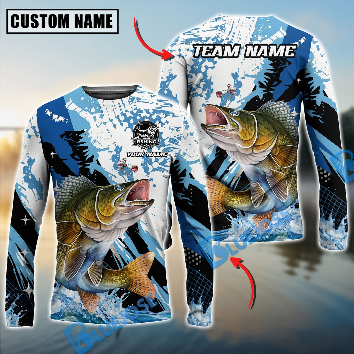 Bluejose Fishing Blue Slash Graphic Design Custom Name &amp; Team Name 3D Shirts (12 Breeds)