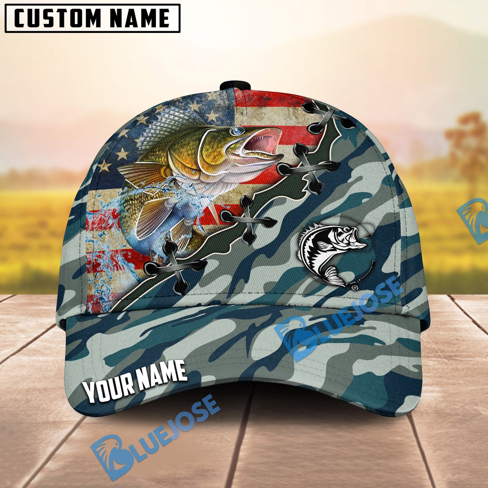 BlueJose Fishing American Flag Blue Camouflage Personalized Name Classic 3D Cap (13 Breeds)