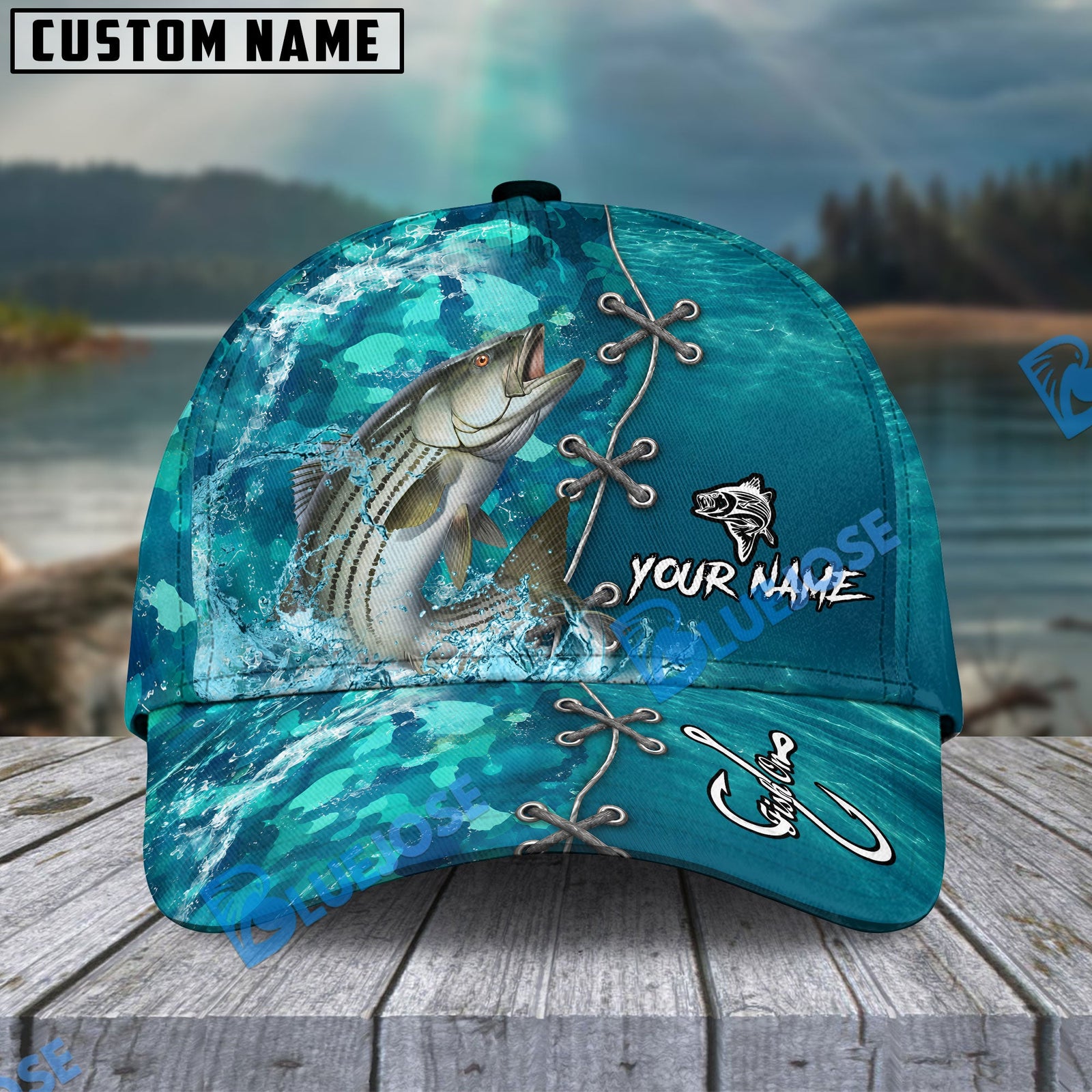 BlueJose Fishing Aqua Camouflage Lace Up Personalized Name Classic 3D Cap (13 Breeds)