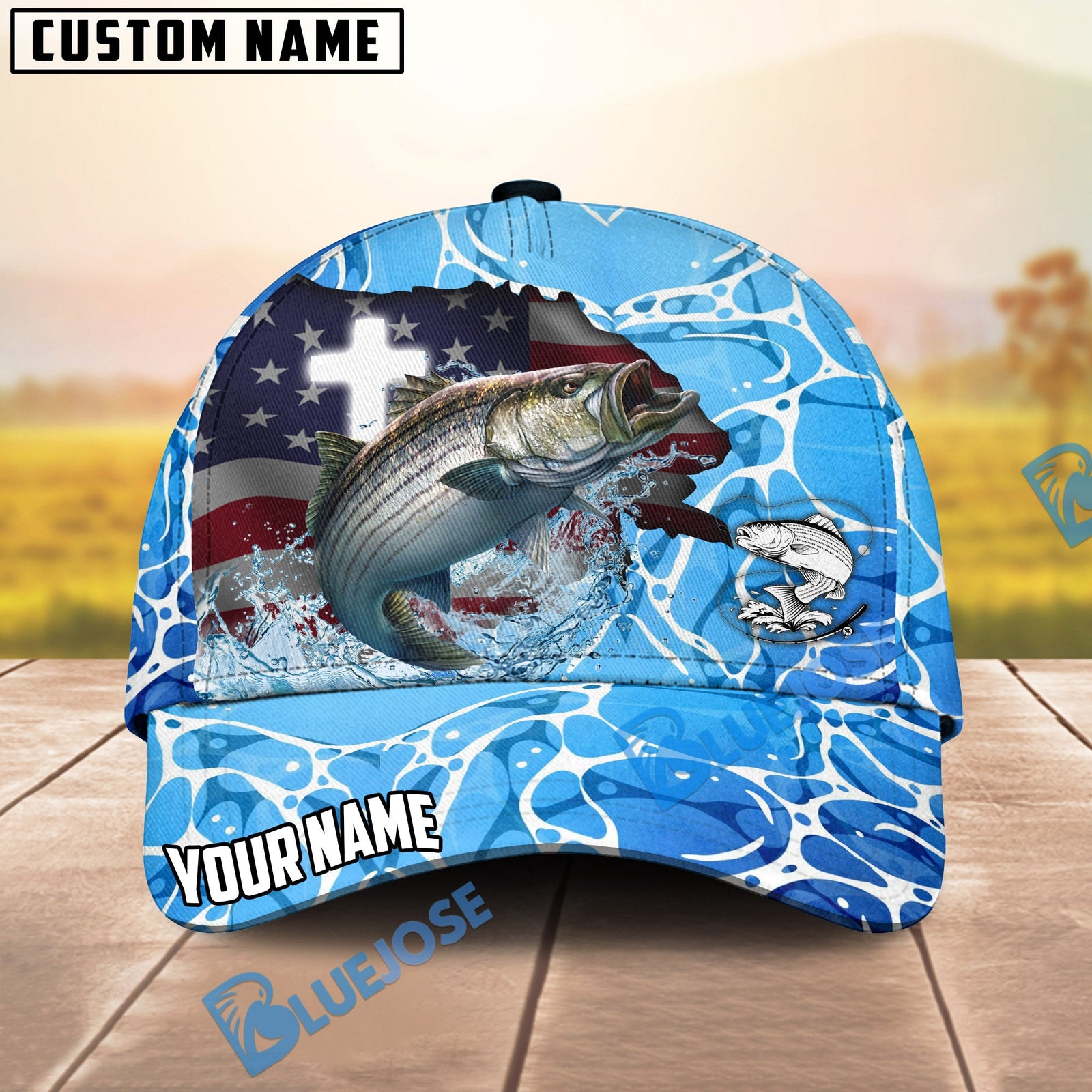 BlueJose Fishing Christian Cross Outdoorsman American Personalized Name Classic 3D Cap (13 Breeds)