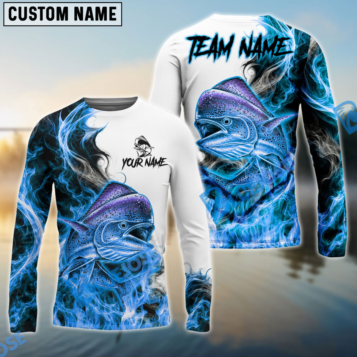 Bluejose Fishing Blue Flame Smoke Design Custom Name & Team Name 3D Shirts (12 Breeds)