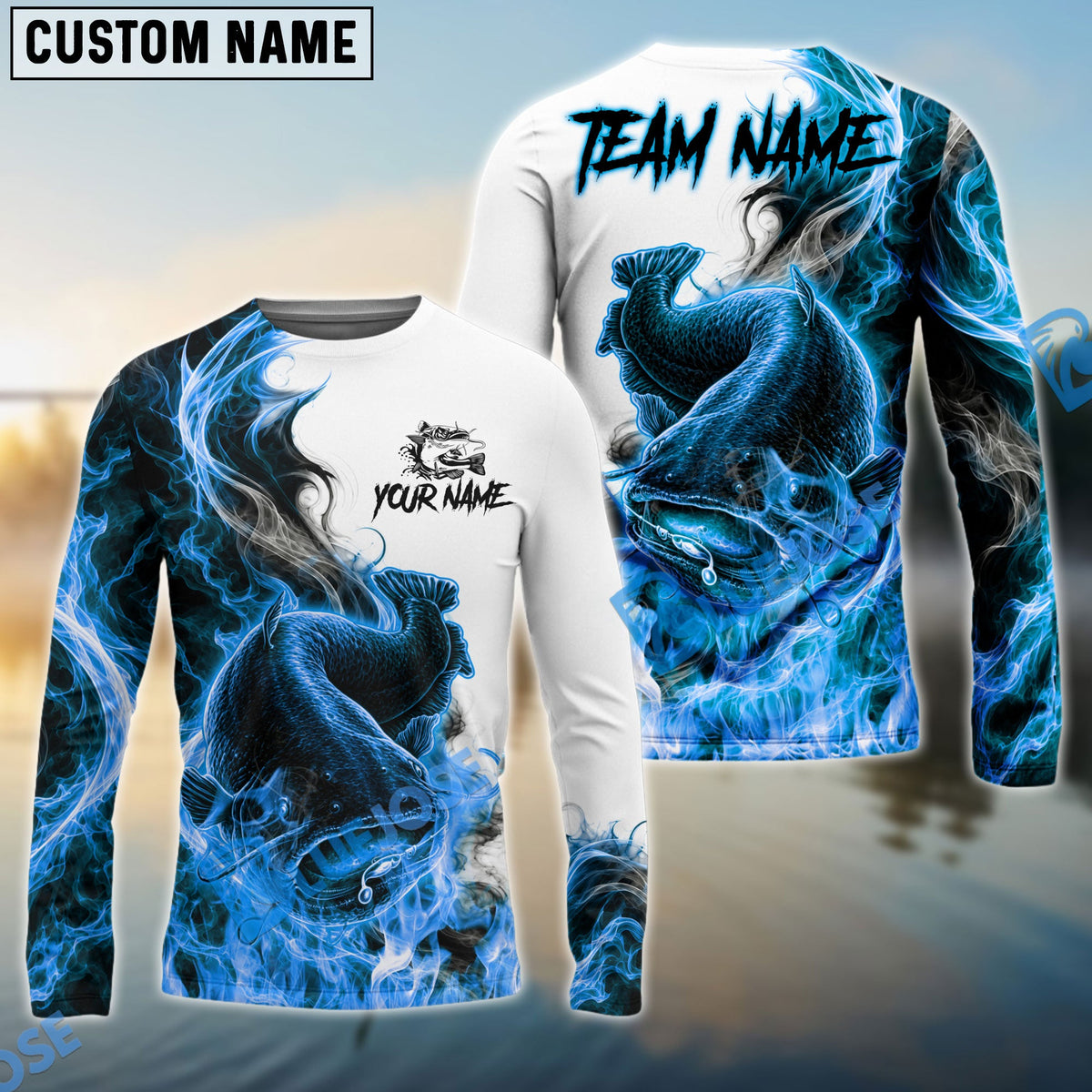Bluejose Fishing Blue Flame Smoke Design Custom Name & Team Name 3D Shirts (12 Breeds)