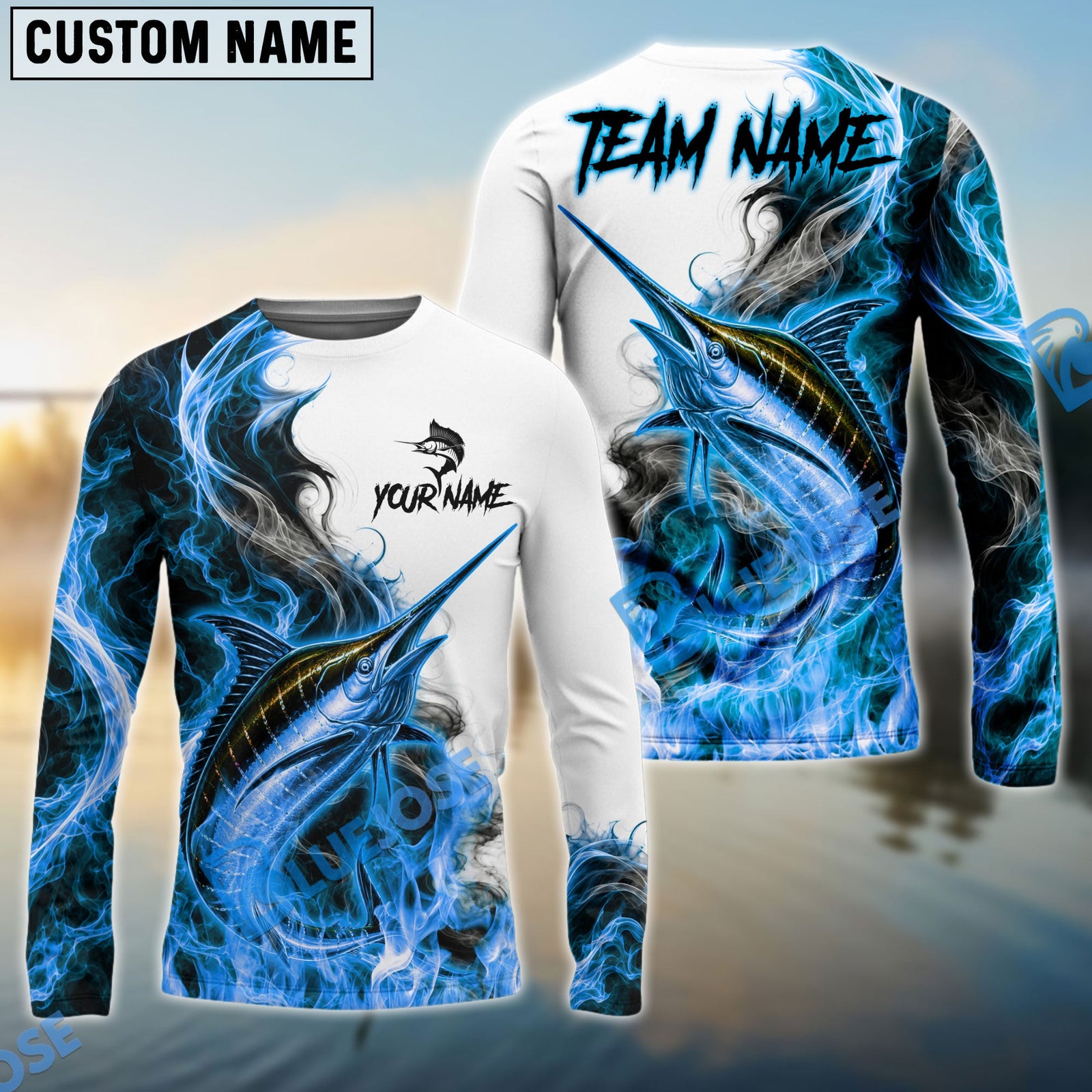 Bluejose Fishing Blue Flame Smoke Design Custom Name & Team Name 3D Shirts (12 Breeds)