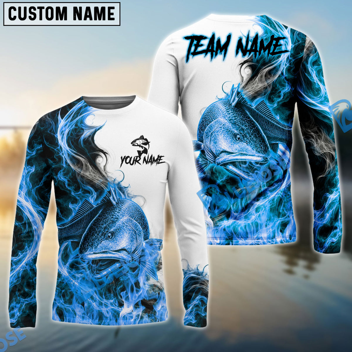 Bluejose Fishing Blue Flame Smoke Design Custom Name & Team Name 3D Shirts (12 Breeds)