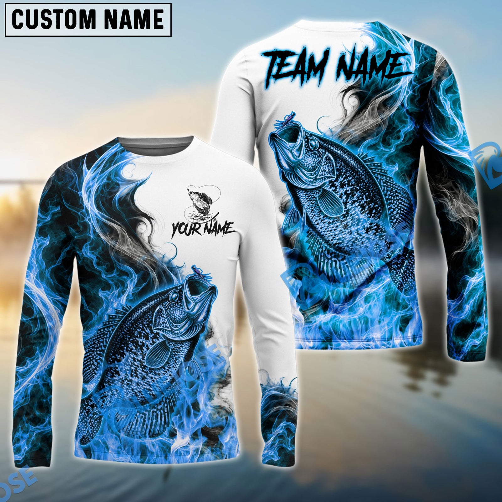 Bluejose Fishing Blue Flame Smoke Design Custom Name & Team Name 3D Shirts (12 Breeds)
