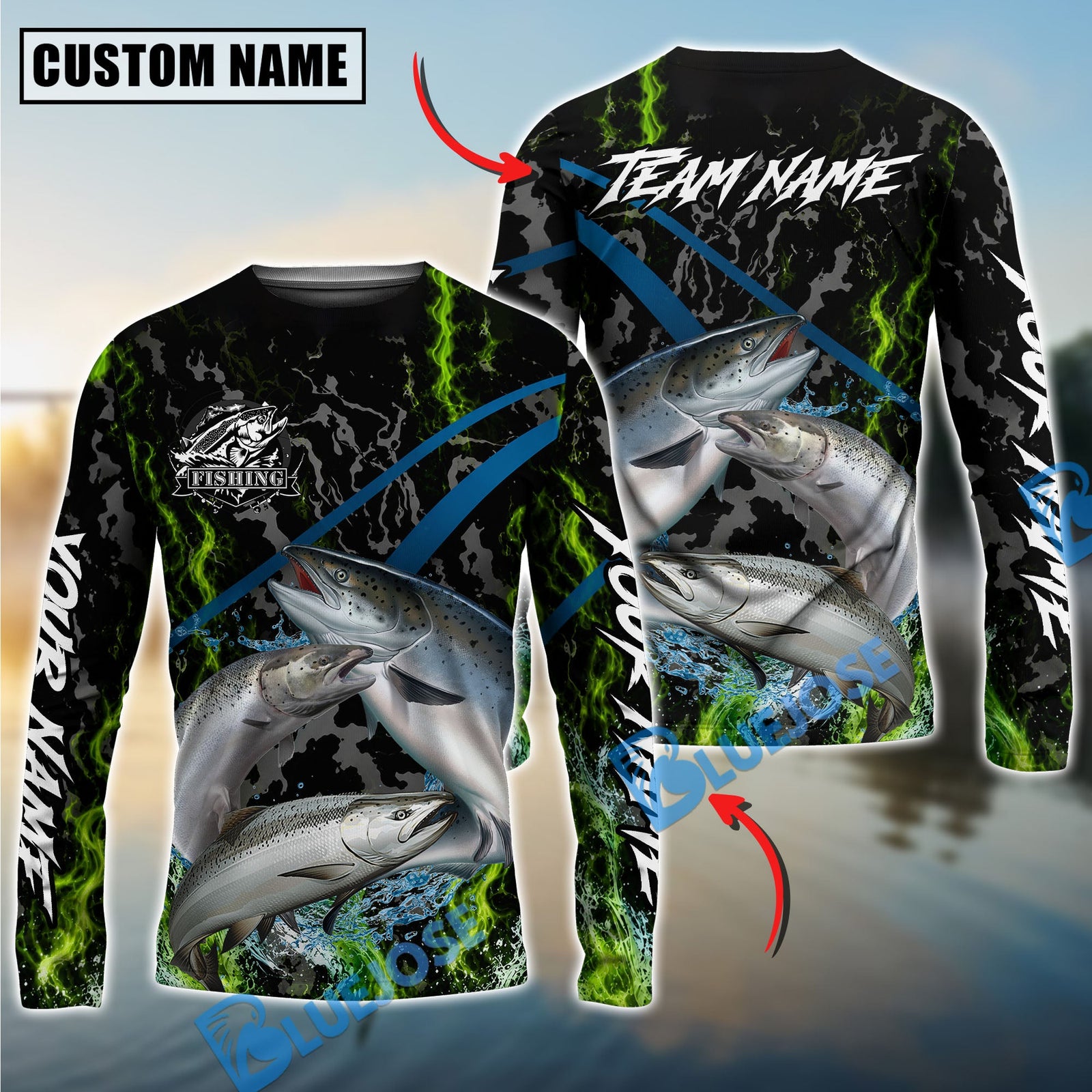 Bluejose Fishing Green Flame Grunge Camo Design Custom Name & Team Name 3D Shirts (12 Breeds)