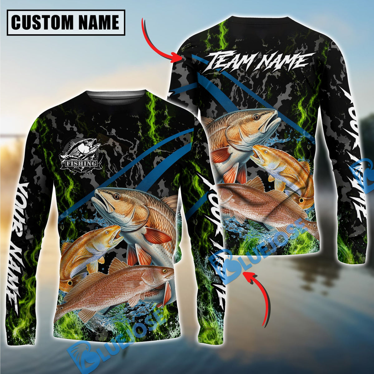 Bluejose Fishing Green Flame Grunge Camo Design Custom Name & Team Name 3D Shirts (12 Breeds)