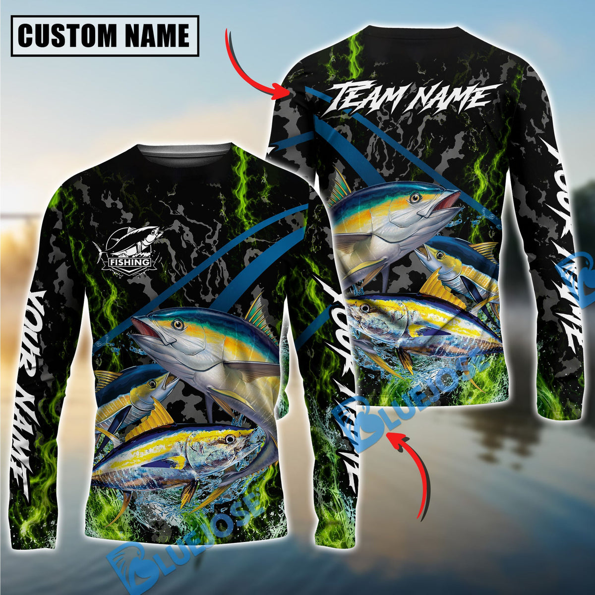 Bluejose Fishing Green Flame Grunge Camo Design Custom Name & Team Name 3D Shirts (12 Breeds)