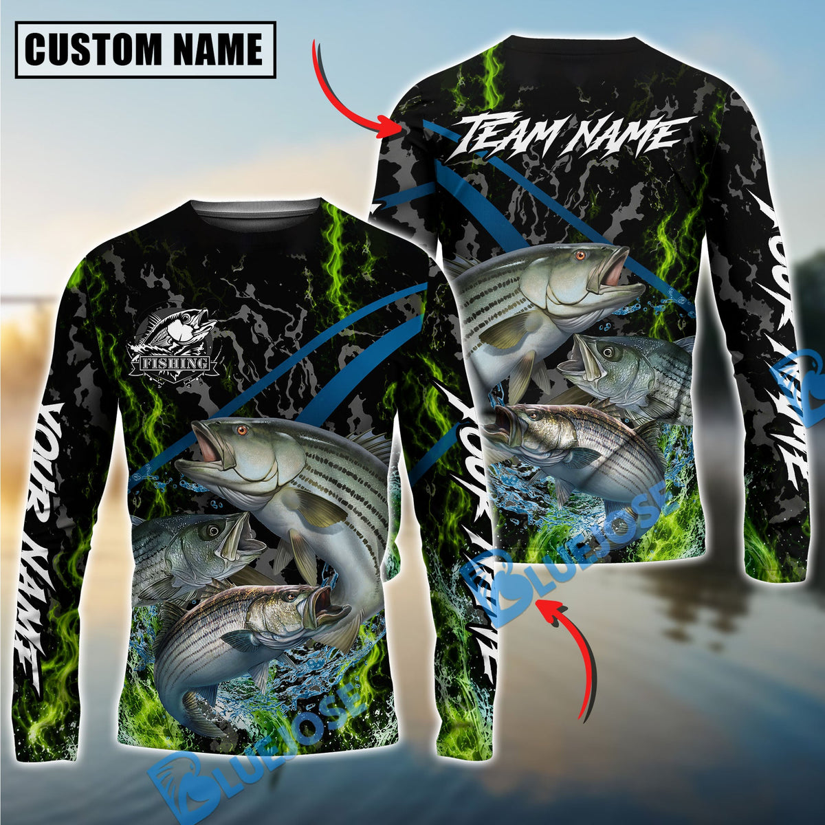 Bluejose Fishing Green Flame Grunge Camo Design Custom Name & Team Name 3D Shirts (12 Breeds)