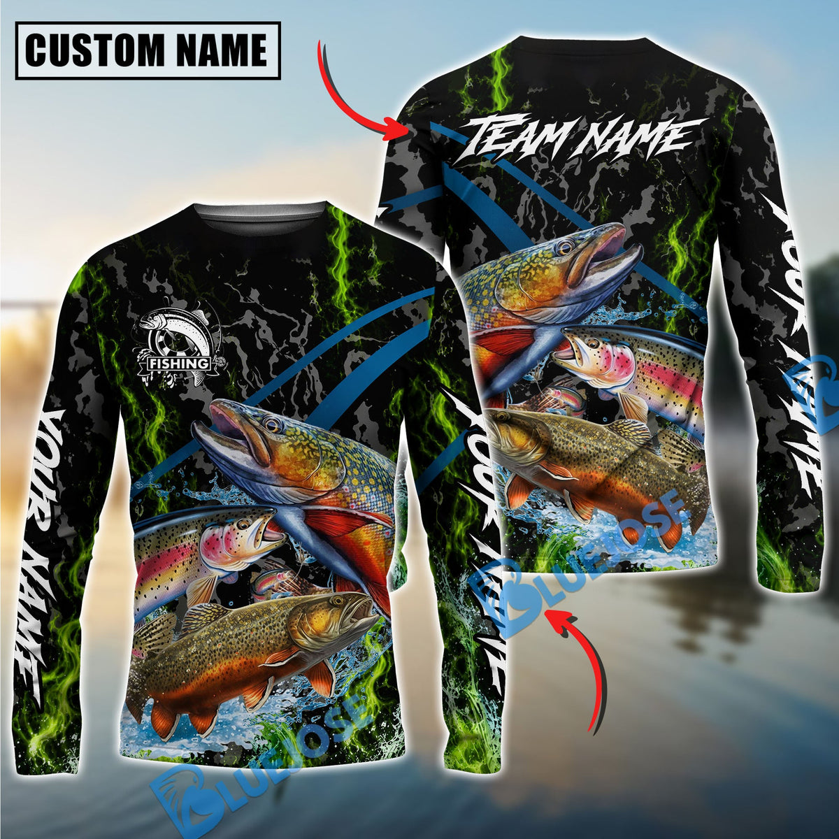 Bluejose Fishing Green Flame Grunge Camo Design Custom Name & Team Name 3D Shirts (12 Breeds)