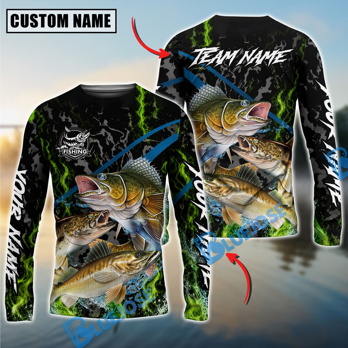 Bluejose Fishing Green Flame Grunge Camo Design Custom Name &amp; Team Name 3D Shirts (12 Breeds)