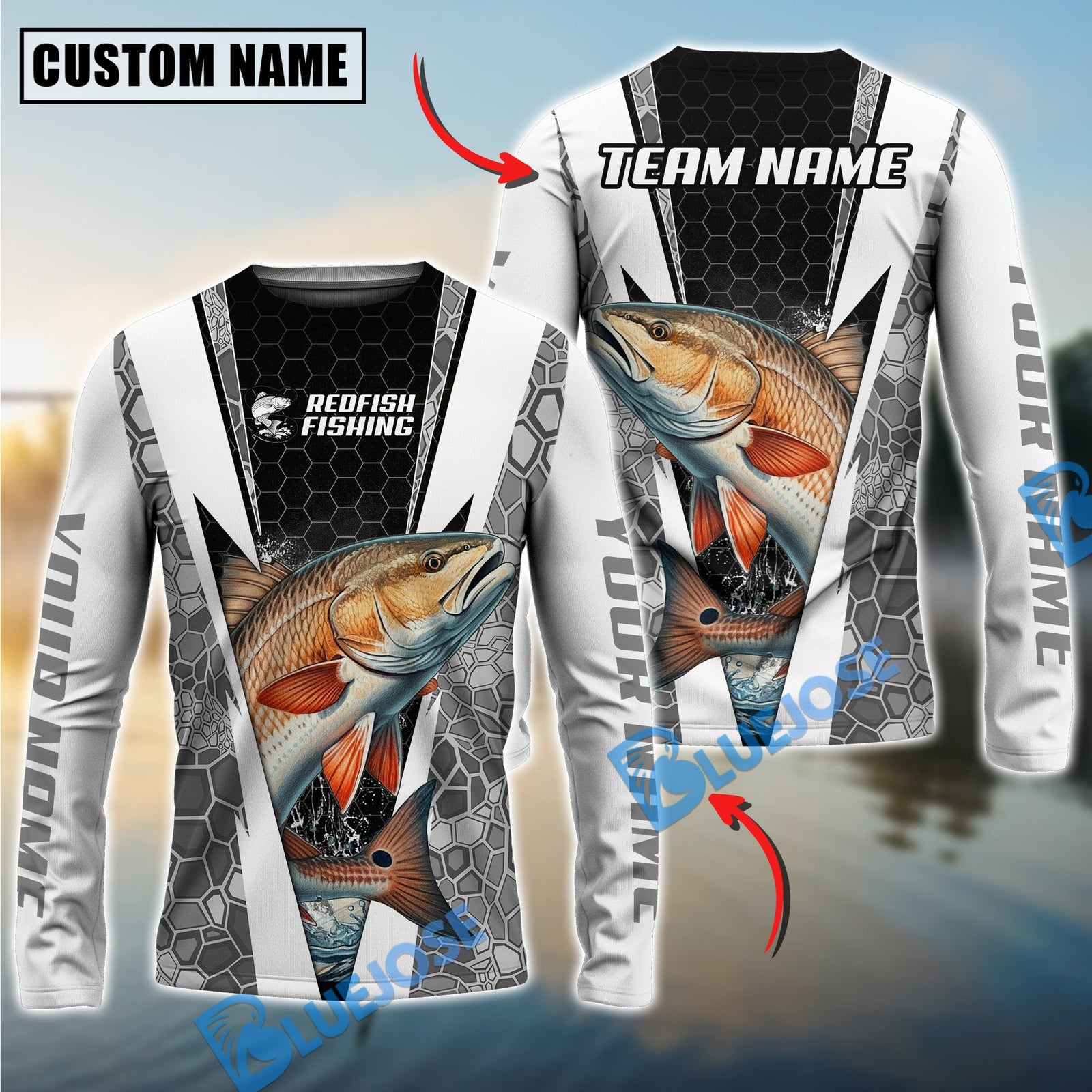 Bluejose Fishing Black White Hexagon Custom Name & Team Name 3D Shirts (12 Breeds)