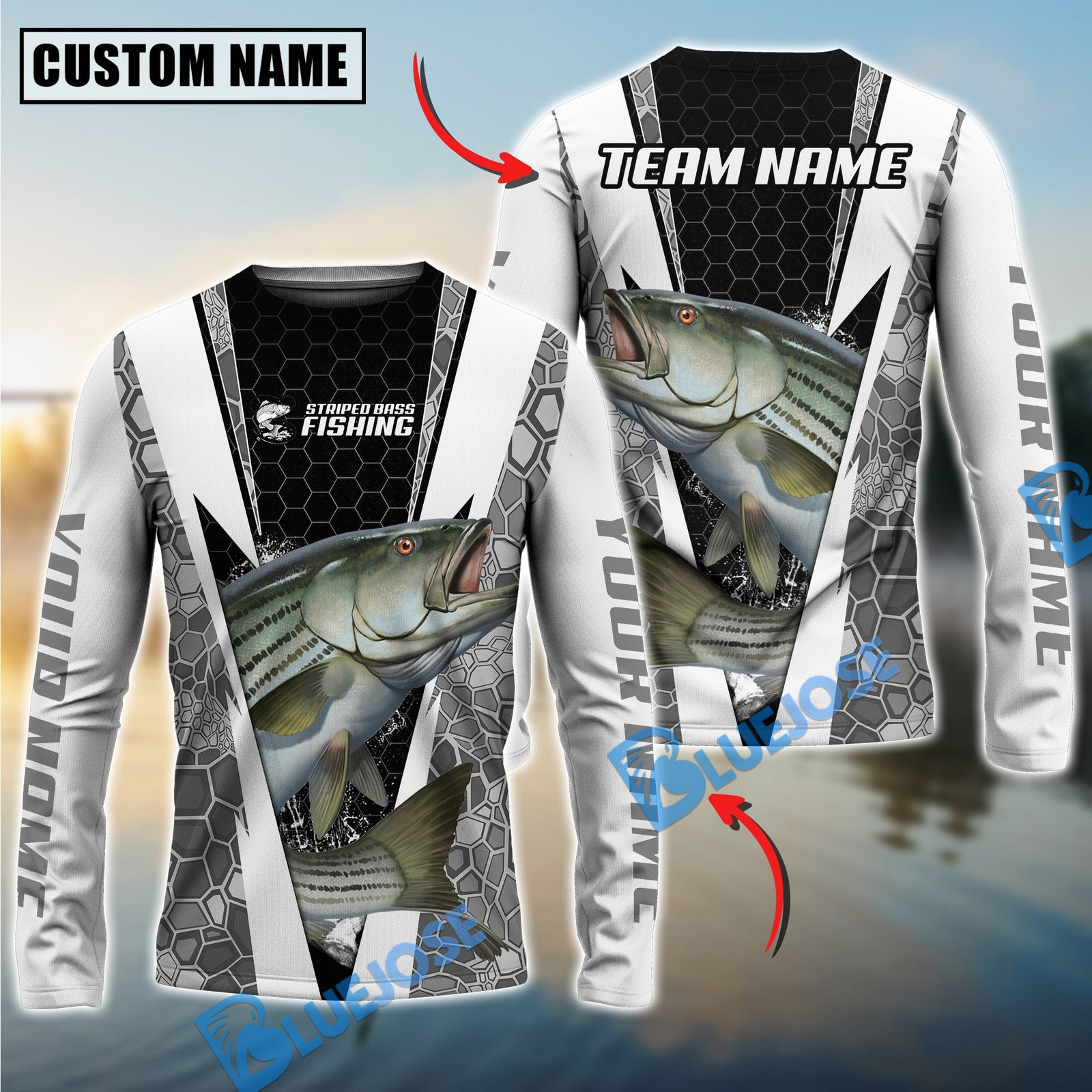 Bluejose Fishing Black White Hexagon Custom Name & Team Name 3D Shirts (12 Breeds)