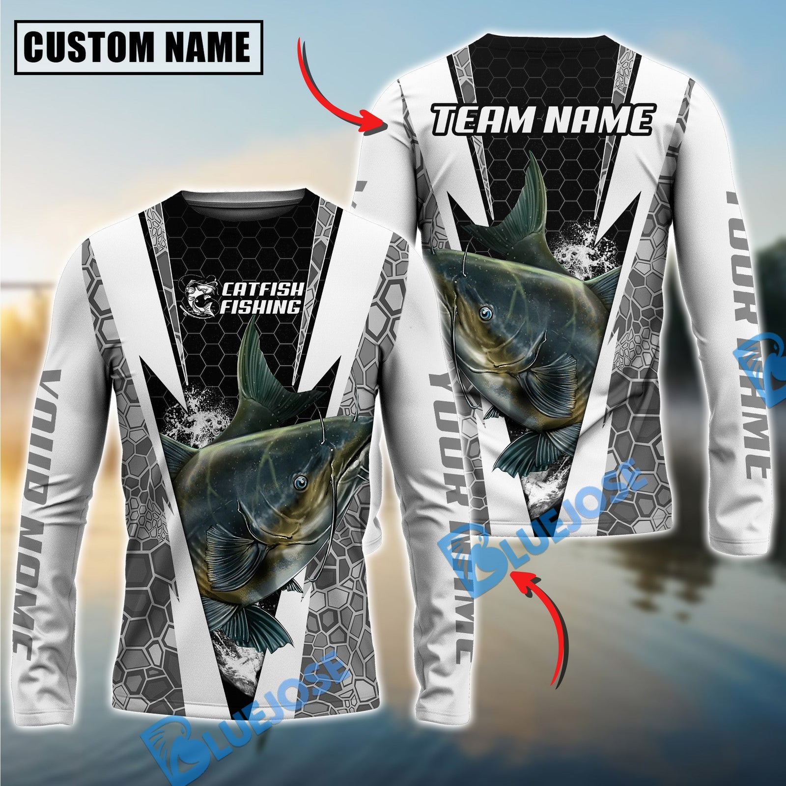 Bluejose Fishing Black White Hexagon Custom Name & Team Name 3D Shirts (12 Breeds)