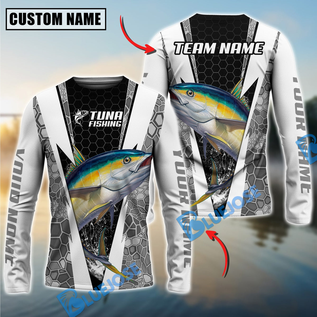 Bluejose Fishing Black White Hexagon Custom Name &amp; Team Name 3D Shirts (12 Breeds)