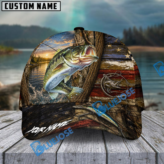 BlueJose Fishing Rustic Wooden American Flag Personalized Name Classic 3D Cap (13 Breeds)