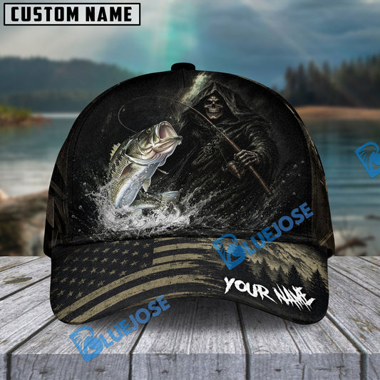 BlueJose Fishing Reaper Dark American Flag Personalized Name Classic 3D Cap (13 Breeds)