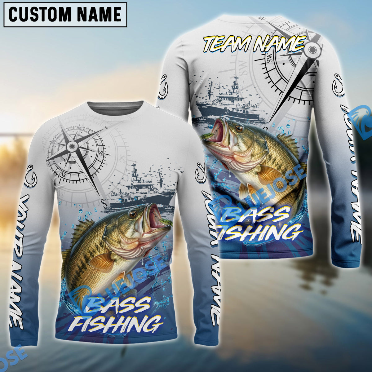 Bluejose Bass Fishing Realistic Fish Compass Anchor Pattern New Custom Name &amp; Team Name 3D Shirts