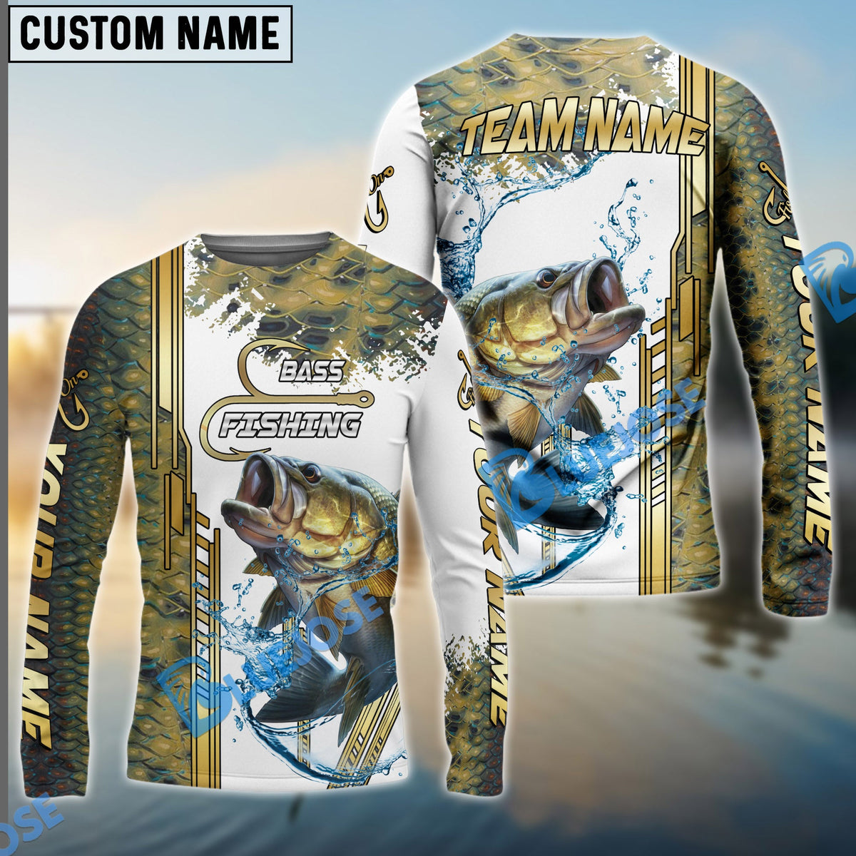 Bluejose Bass Fishing Skinfish Golden Line Pattern New Custom Name &amp; Team Name 3D Shirts