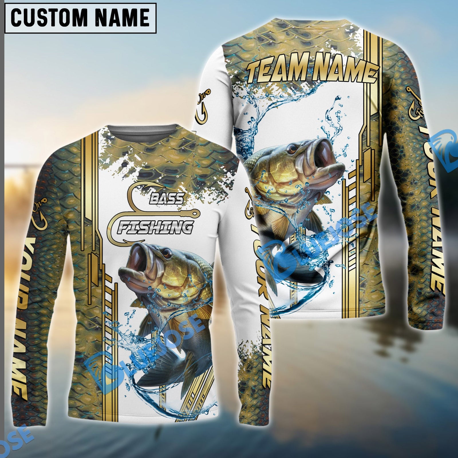 Bluejose Bass Fishing Skinfish Golden Line Pattern New Custom Name & Team Name 3D Shirts