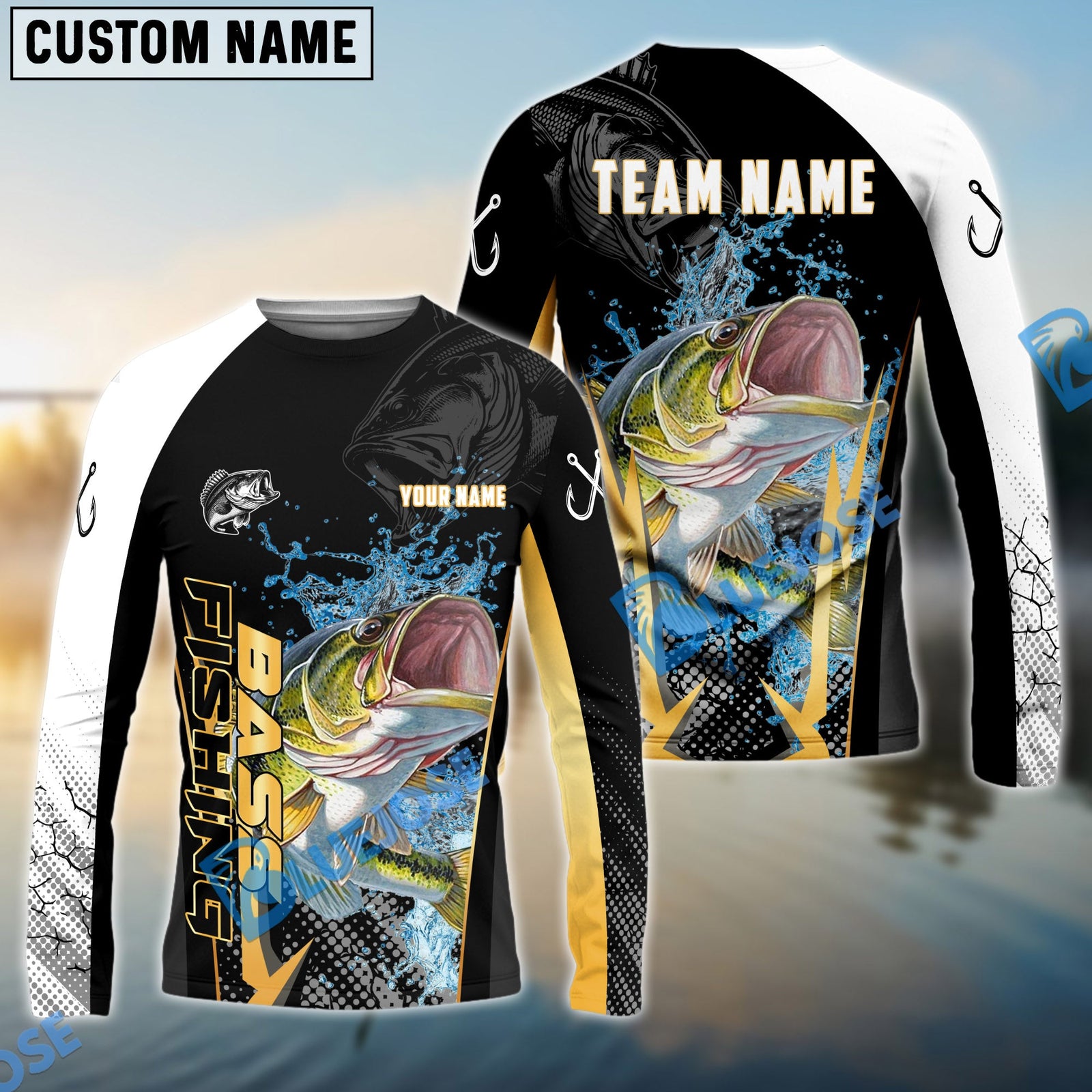Bluejose Bass Fishing Black Gold Design Pattern New Custom Name & Team Name 3D Shirts