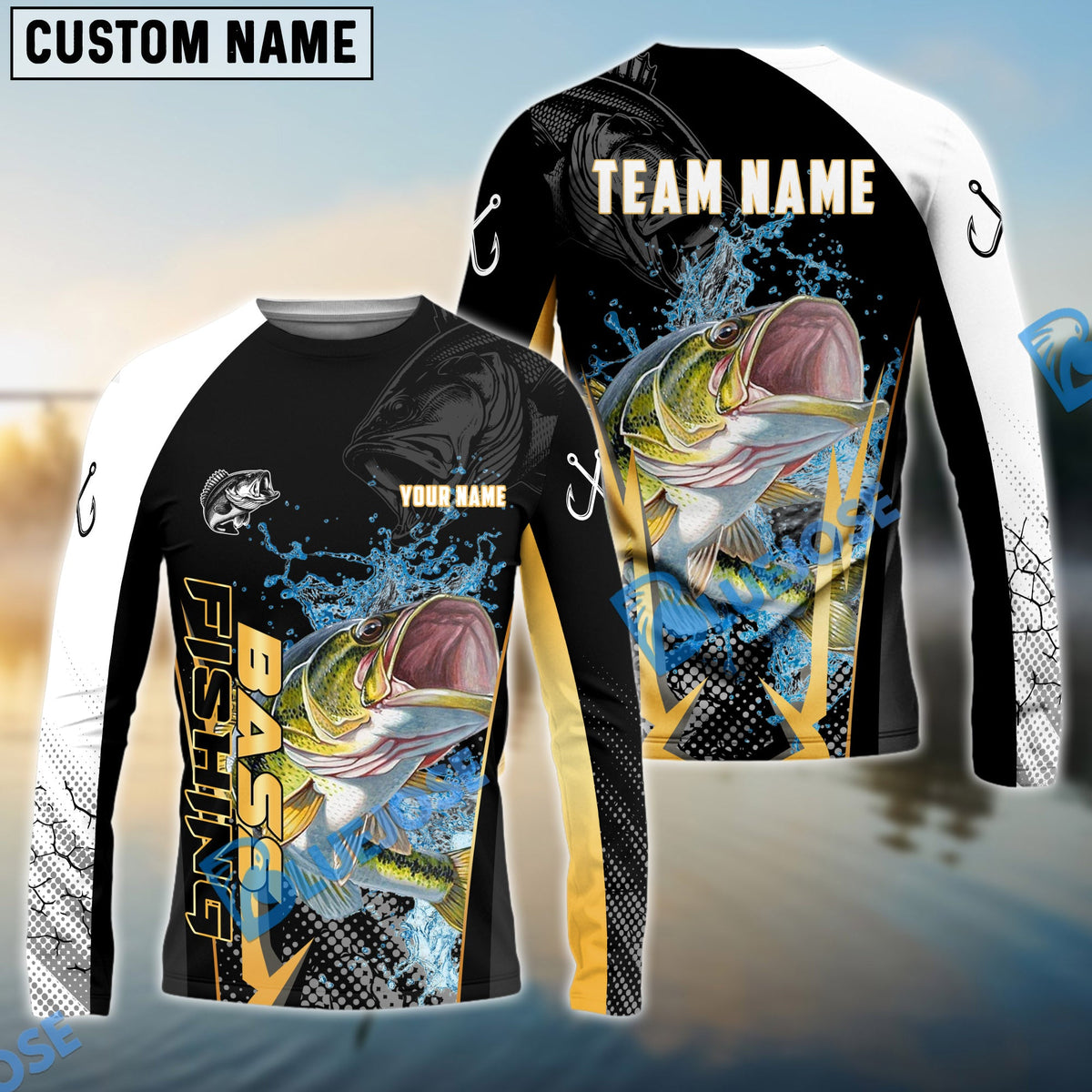 Bluejose Bass Fishing Black Gold Design Pattern New Custom Name &amp; Team Name 3D Shirts