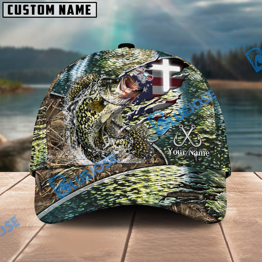 Bluejose Crappie Fishing American Flag & Cross Design with Camo New Personalized Cap