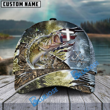 Bluejose Bass Fishing American Flag & Cross Design with Camo Personalized Cap