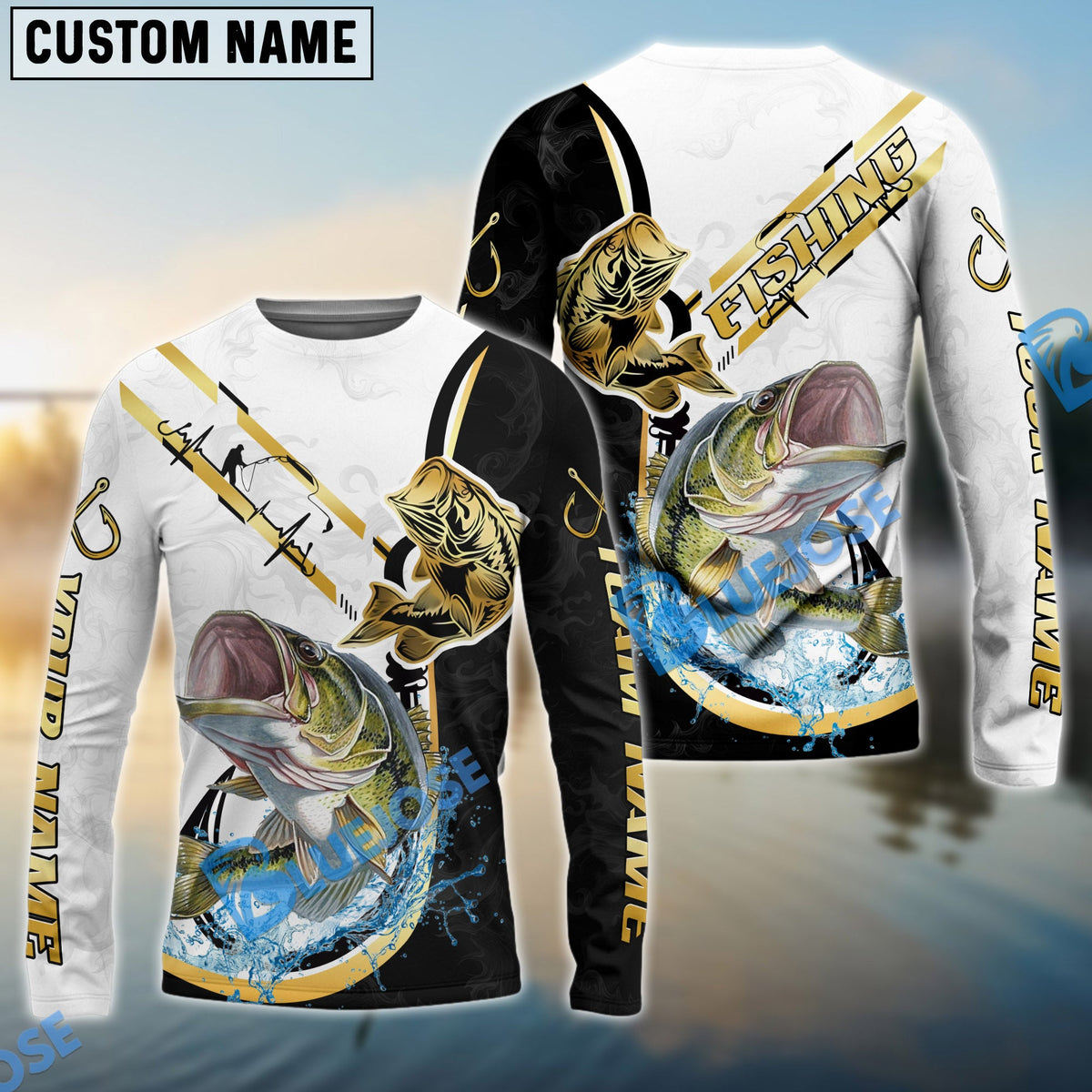 Bluejose Bass Fishing Black Golden Hook Name &amp; Team Name 3D Shirts