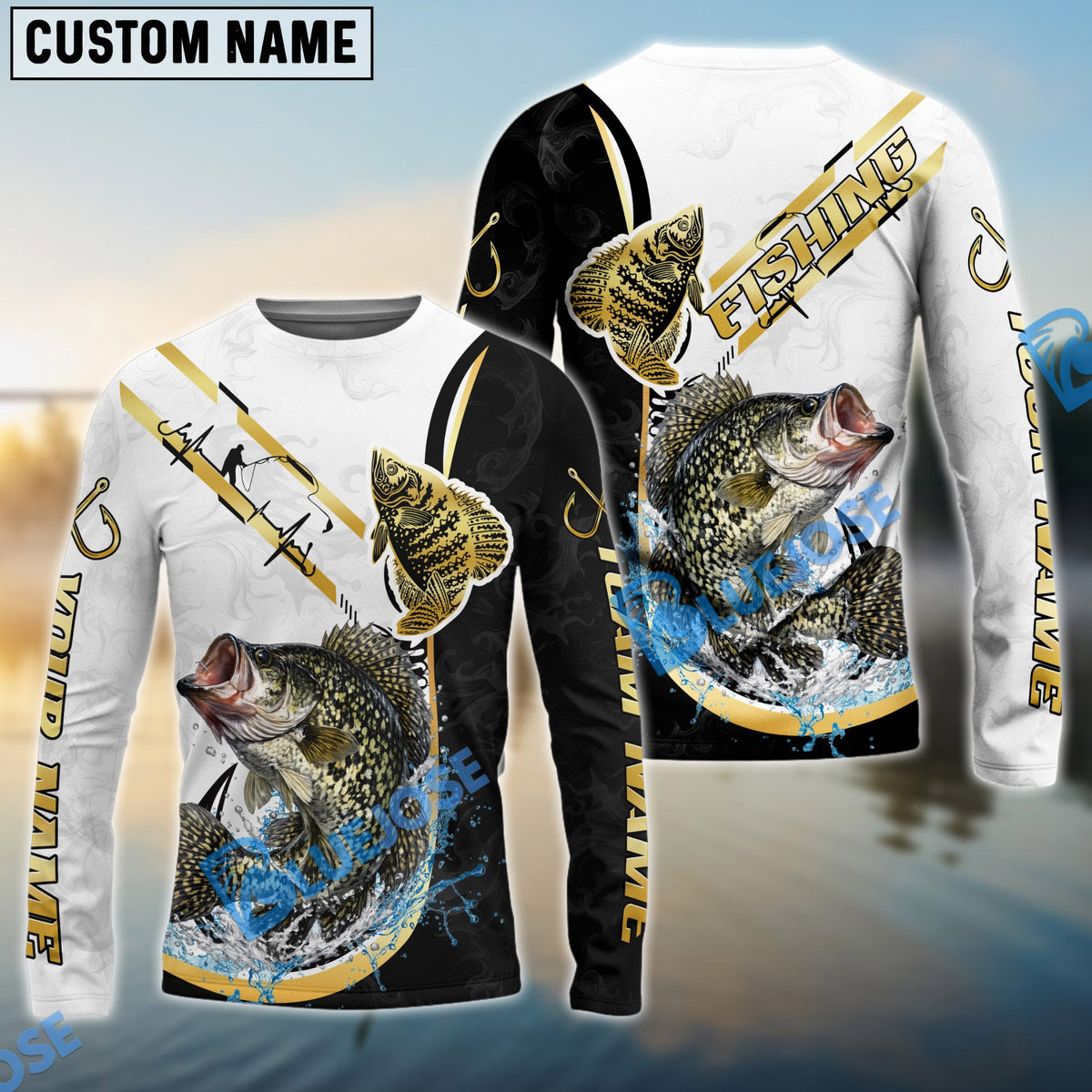 Bluejose Crappie Fishing Black Golden Hook Name &amp; Team Name 3D Shirts