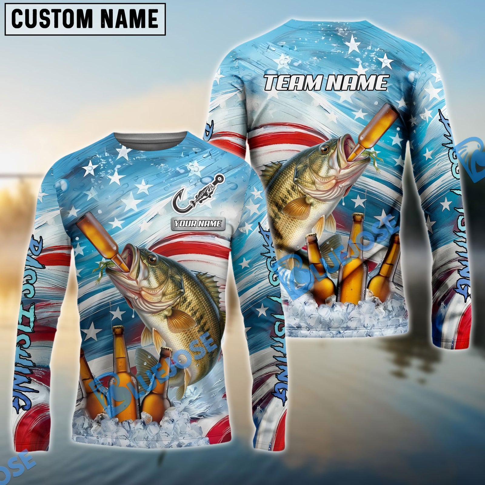Bluejose Bass Fishing Beer & Usa Flag Graphic Custom Name & Team Name 3D Shirts