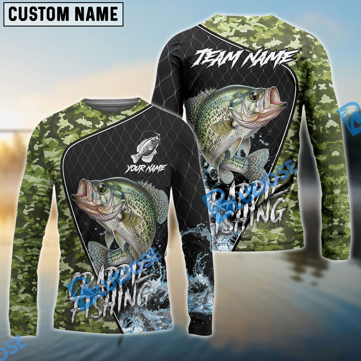 Bluejose Crappie Fishing Camo Grid Water Pattern Graphic Custom Name &amp; Team Name 3D Shirts
