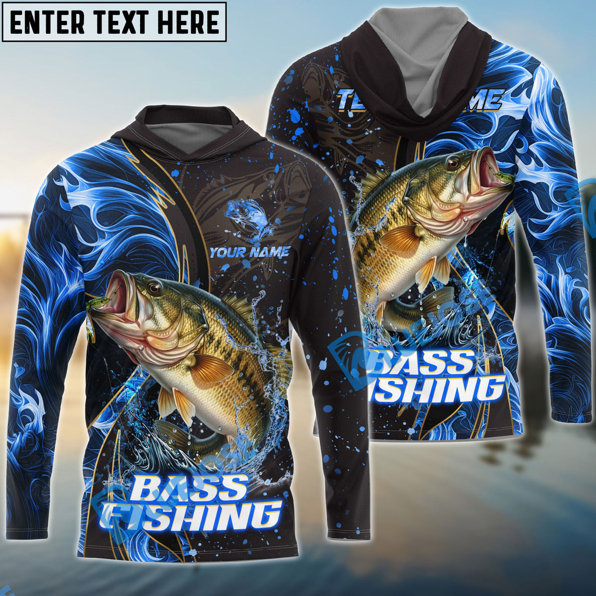 Bluejose Bass Fishing Blue Flame Smoke Line Premium Style Sport Custom Name &amp; Team Name 3D Shirts