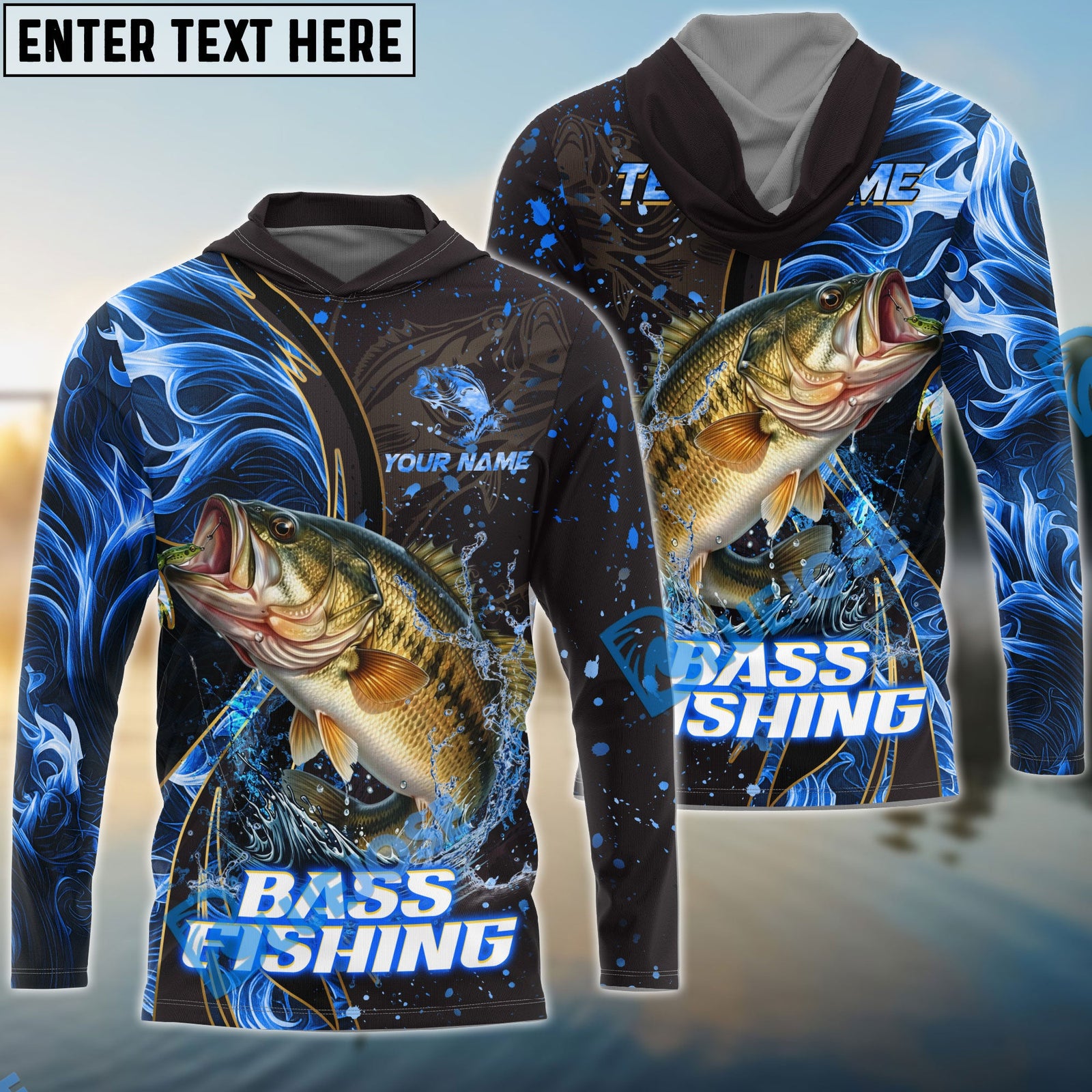 Bluejose Bass Fishing Blue Flame Smoke Line Premium Style Sport Custom Name & Team Name 3D Shirts