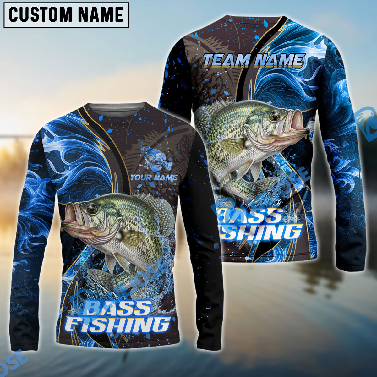 Bluejose Crappie Fishing Blue Flame Smoke Line Premium Style Sport Custom Name &amp; Team Name 3D Shirts