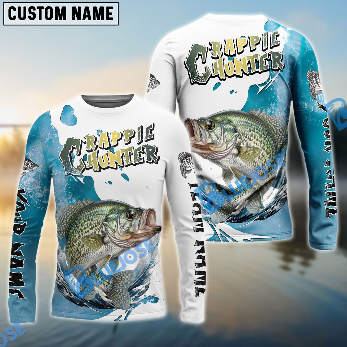 Bluejose Crappie Hunter Fishing Graphic Splash Effect Custom Name &amp; Team Name 3D Shirts