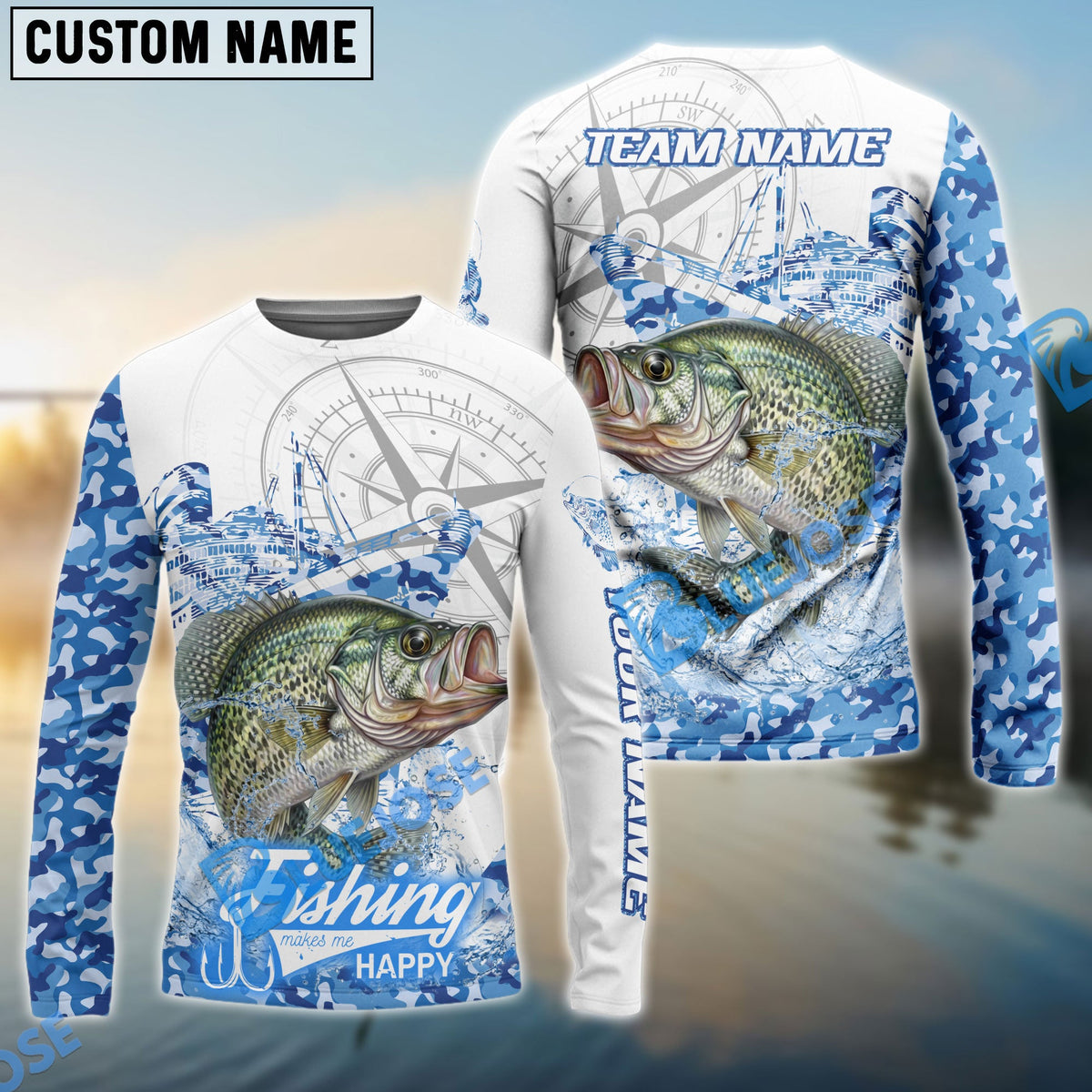Bluejose Crappie Fishing Blue Camouflage Compass Hook Design Pattern Custom Name &amp; Team Name 3D Shirts