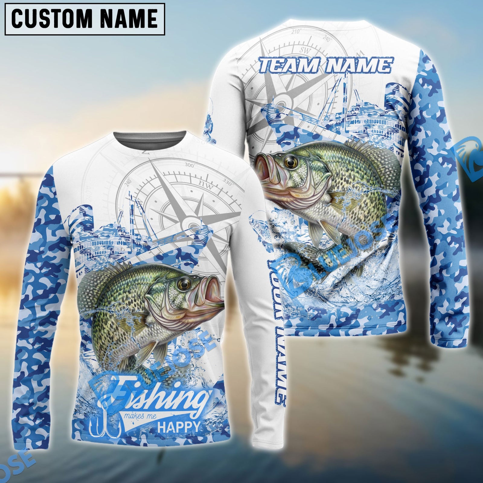 Bluejose Crappie Fishing Blue Camouflage Compass Hook Design Pattern Custom Name & Team Name 3D Shirts